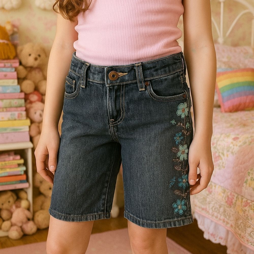 Y2K Vintage Bongo Embroidered Denim Jorts Girls 6 Jean Shorts Boho Retro Girlhoo